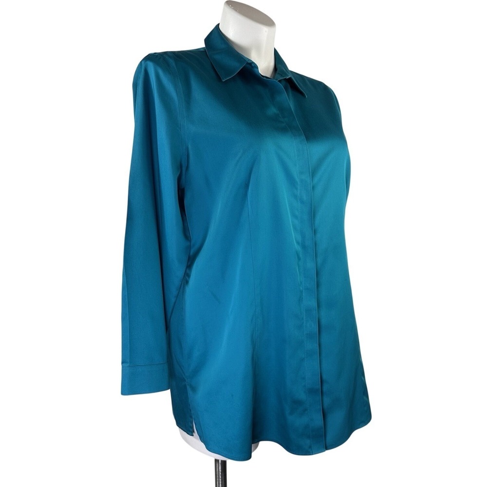 Chico's No Iron Teal Blue Green Long Sleeve Hidden Buttons Cotton Shirt Blouse 3